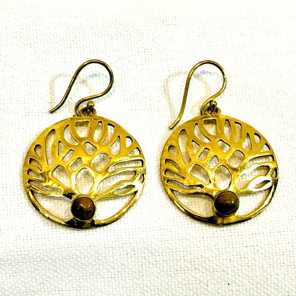 Tiger's Eye Round Tree of Life Earrings in Gold Tone Brass